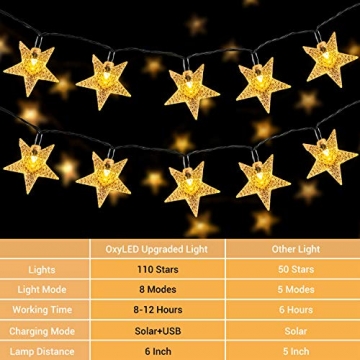 18M Solar Lichterkette Außen, OxyLED 110 LED Lichterkette Sterne Solar Lichterkette Aussen Weihnachtsbeleuchtung Außen Dekoration für Garten, Terrasse, Haus, Party, Hochzeit, Festival (Warmweiß) - 2