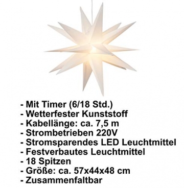 3D Leuchtstern inkl. warm-weißer LED Beleuchtung | für Innen und Außen geeignet | hängend | 7,5 m Zuleitung | ca. 57x44x48 cm (Weiß) - 4