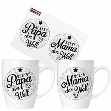 Brubaker Beste Mama & Bester Papa der Welt Tassen Set aus Keramik - 2 Kaffeebecher 300 ml - Kaffeetassen mit Grußkarte und Geschenkpackung - 1