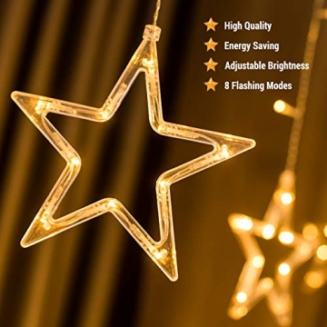 DazSpirit LED Lichtervorhang Weihnachten Sterne 2,5m mit 20 Haken und Fernbedienung, USB oder Batteriebetrieben, 8 Modi, Premium-Geschenkbox, Wasserdicht, Drinnen und Draußen (Warmweiß) - 3
