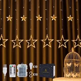DazSpirit LED Lichtervorhang Weihnachten Sterne 2,5m mit 20 Haken und Fernbedienung, USB oder Batteriebetrieben, 8 Modi, Premium-Geschenkbox, Wasserdicht, Drinnen und Draußen (Warmweiß) - 1
