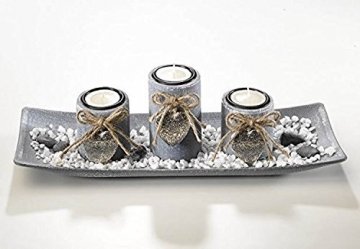 Dekoschale rechteckig mit 3 Kerzenhalter aus Holz grau und Steindekoration - 1