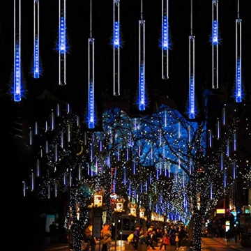 EEIEER 192 mini LED Eiszapfen Lichterkette sternschnuppe Licht für Außen balkon Garten Weihnachten Dekoration 8 StückTube 30 cm Blau - 7