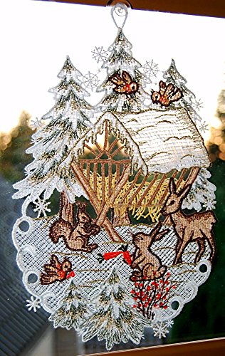Fensterbild Plauener Spitze 20x30 cm + Saugnapf Weihnachten Advent Winter Futterkrippe REH Hase Spitzenbild Winter Advent - 2