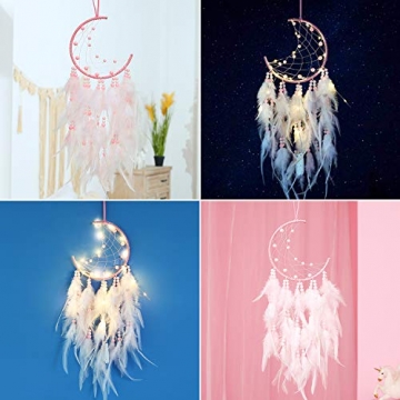 Hongyans Traumfänger mit LED Licht Handgefertigt Dreamcatcher mit Federn Böhmen Dekoration für Schlafzimmer Hochzeit Wandbehang Ornament Mädchen Kinder Geschenk (Rosa) - 6