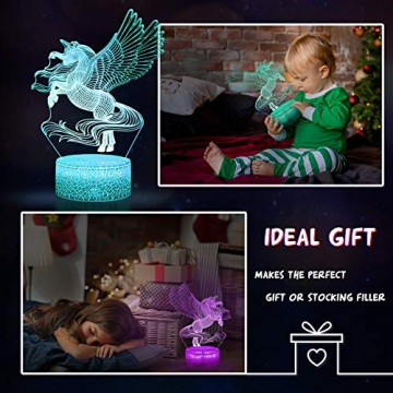 JQGO Einhorn Geschenk Nachtlicht Lampe, 3D LED Licht Nachtlicht Optische Täuschung Lampe, 16 Farben ändern mit Fernbedienung und Touch Control, Geburtstags und Weihnachtsgeschenke für Kinder - 3