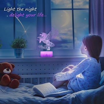 JQGO Einhorn Geschenk Nachtlicht Lampe, 3D LED Licht Nachtlicht Optische Täuschung Lampe, 16 Farben ändern mit Fernbedienung und Touch Control, Geburtstags und Weihnachtsgeschenke für Kinder - 6