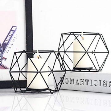 JUNGEN 2er Set 3D Geometrisch Kerzenständer Kerzenhalter Metall Vintage Kerzenständer Teelichthalter Deko Tischdeko für Hochzeit Weihnachten Wohnzimmer, 13 × 10 cm(Schwarz) - 3