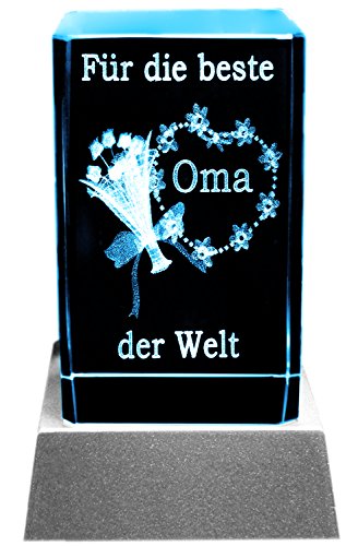 Kaltner Präsente Stimmungslicht - Das perfekte Geschenk: LED Kerze/Kristall Glasblock / 3D-Laser-Gravur Blumen BESTE OMA - 3