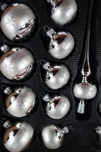 Lauscha Glas 40er Christbaumschmuck, Weihnachtsbaumkugel Set Silber mit Stern 38 Kugel+ Spitze+Aufhänger Handarbeit - 4
