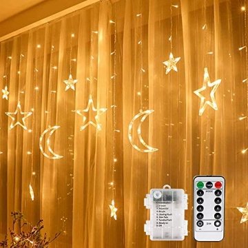 LED Lichtervorhang Lichterkette, Vegena 3.5M Sterne Mond LED Fenstervorhang Lichter Batteriebetriebene mit Fernbedienung 8 Blinkenden Modi, für Garten Haus LED Sternenvorhang Dekorative Warmweiß - 1