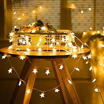 Lichterkette, 50 LED Stern Lichtervorhang batteriebetrieben, 5.5M Wasserdicht Dekorative Lichterkette mit 2 Modi Dimmbar für Außen Innen Weihnachtsdeko Kinderzimmer Schlafzimmer Party, Warmweiß - 5