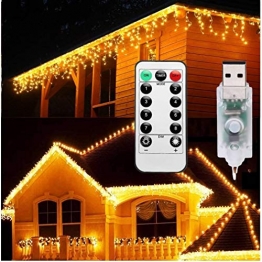 Lichterkette Eisregen Außen, 5M Weihnachtsbeleuchtung Lichtervorhang mit USB, 8 Modi und Timer Memory-Funktion und Dimmbar mit Fernbedienung, Deko Hochzeiten, Garten(Warmweiß) - 1