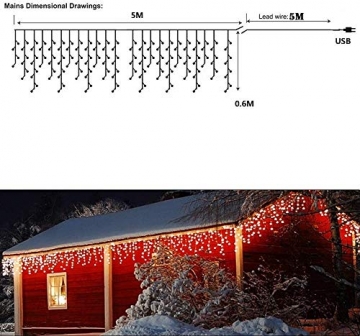 Lichterkette Eisregen Außen, 5M Weihnachtsbeleuchtung Lichtervorhang mit USB, 8 Modi und Timer Memory-Funktion und Dimmbar mit Fernbedienung, Deko Hochzeiten, Garten(Warmweiß) - 4