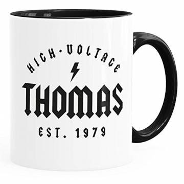 Moonworks® Tasse Geschenk Geburtstag personalisierbar Schriftzug High Voltage anpassbarer Name und Geburtsjahr Kaffeetasse schwarz Keramik-Tasse - 1