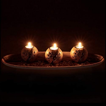 Relaxdays Teelichthalter Set, Kerzenschale, Dekokies, runde Kerzenhalter, stimmungsvolle Tischdeko, 51,5 cm lang, braun - 6
