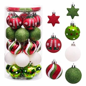 Sunshine smile 35 Stück Weihnachtskugeln,christbaumkugeln Set weihnachtlichen, weihnachtskugeln weihnachtsdeko,weihnachtskugeln baumschmuck,Weihnachtsbaumschmuck,Weihnachten Deko(Rot grün weiß) - 1