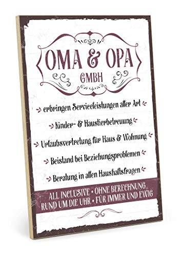 TypeStoff Holzschild mit Spruch – OMA UND Opa GmbH – im Vintage-Look mit Zitat als Geschenk und Dekoration zum Thema Großeltern und Eltern (19,5 x 28,2 cm) - 1