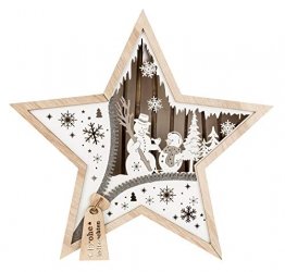 Unbekannt, III Stern aus Holz mit LED Beleuchtung, Schneemann, ca. 32 x 32 x 5 cm, mit 6 Stunden Timer, batteriebetrieben, für Weihnachten, im Winter, als Stimmungslicht, Braun - 1