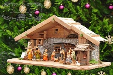 Weihnachtskrippe ÖLBAUM 70 cm, mit Brunnen + Dekomaterial, Massivholz mit BRUNNEN + LED historisch braun - mit 12 x PREMIUM-Krippenfiguren + goldener - 1