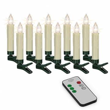 Hellum 530209 LED Weihnachtsbaumkerzen kabellos, 10x warmweiß LED Kerzen mit Fernbedienung, batteriebetriebene 9x1,5cm Christbaumkerzen ohne Kabel, dimmbar mit Flackermodus, Wachstropfen - 1