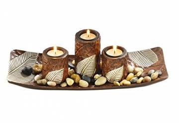 Kobolo Rechteckiger Teelichthalter Dekoschale braun mit DREI dekorativen Kerzenhaltern - 1