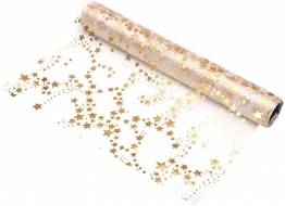 100% Mosel Tischläufer Sterne, in Gold/Metallic (28 cm x 10 m), Tischband aus Organza, edle Tischdeko für Weihnachten & Adventszeit, festliche Dekoration zu besonderen Anlässen - 1