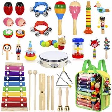 AILUKI 27 Stück Musikinstrumente Musical Instruments Set, Holz Percussion Set Schlagzeug Schlagwerk Rhythm Toys Musik Kinderspielzeug für Kleinkinder - 1