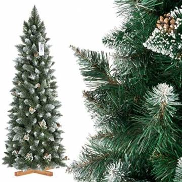 FairyTrees künstlicher Weihnachtsbaum Slim, Kiefer Natur-Weiss beschneit, Material PVC, echte Tannenzapfen, inkl. Holzständer, 180cm, FT09-180 - 1