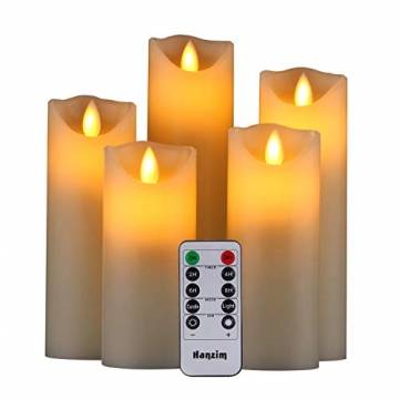 HANZIM LED Kerzen,Flammenlose Kerzen 250 Stunden Dekorations-Kerzen-Säulen im 5er Set.Realistisch flackernde LED-Flammen 10-Tasten Fernbedienung mit 24 Stunden Timer-Funktion (Ivory) - 1