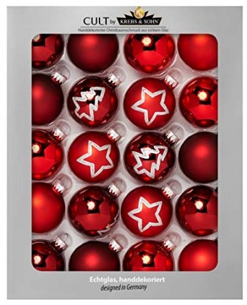 Krebs & Sohn 20er Set Glas Christbaumkugeln-Weihnachtsbaum Deko zum Aufhängen-Weihnachtskugeln 5,7 cm-Bordeaux, Rot/Sterne, (5,7cm Ø Durchmesser) - 1