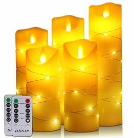 LED flammenlose Kerze, mit eingebetteter Lichterkette, 5-teiliger LED-Kerze, Fernbedienung mit 10 Tasten, 24-Stunden-Timer-Funktion, tanzende Flamme, echtes Wachs, batteriebetrieben. (Elfenbeinweiß) - 1