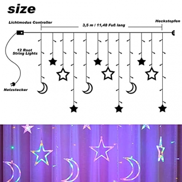 Lichterkette Bunt Sterne Mond, 3.5m*1.1m 8 Modi LED Fenster Lichterketten Vorhang Lichterkette für Zimmer Stimmungslichter ideale für Außenbeleuchtung und Innenbeleuchtung [Mehrfarbig] - 3