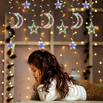 Lichterkette Bunt Sterne Mond, 3.5m*1.1m 8 Modi LED Fenster Lichterketten Vorhang Lichterkette für Zimmer Stimmungslichter ideale für Außenbeleuchtung und Innenbeleuchtung [Mehrfarbig] - 5