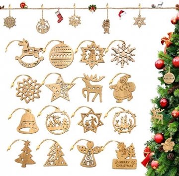 O-Kinee Weihnachtsbaumschmuck Holz, 16 Stück Christbaumschmuck Mit Hanfseil und beweglichen Holzperlen, 7.5cm - 1