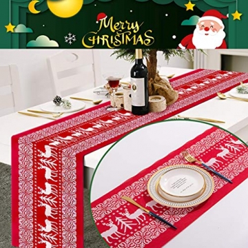Tischläufer, rot Leinen Weihnachten Tischläufer Tischdecke mit weiss Rentier muster, rutschfeste lang Weihnachtstischdecke Weihnachtsläufer für Tisch Esstische Dekoration 12 x 108 Zoll - 4