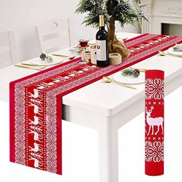 Tischläufer, rot Leinen Weihnachten Tischläufer Tischdecke mit weiss Rentier muster, rutschfeste lang Weihnachtstischdecke Weihnachtsläufer für Tisch Esstische Dekoration 12 x 108 Zoll - 1