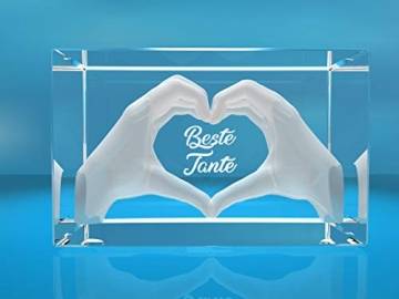 VIP-LASER 3D Glas Kristall mit Gravur I Herz aus zwei Händen I Text: Beste Tante! I Das tolle Geschenk zum Muttertag, Geburtstag oder Weihnachten - 1