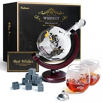 Whiskeyglas, kugelförmige Whisky-Karaffe Globus Segelschiff 930 ml mit Eisstein, 2 Whiskygläser, Geschenke für Männer, Vatertagsgeschenk,jahrestag geschenk für ihn - 1