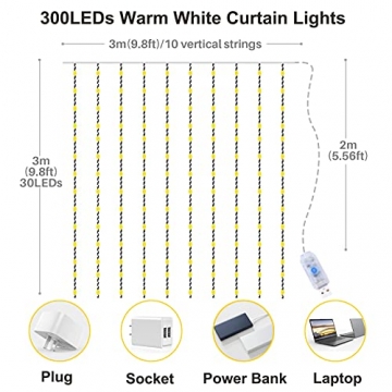 Yizhet Lichtervorhang 3x3m LED Lichterkette LED Lichterkettenvorhang mit 8 Modi, 300LEDs, IP65 Wasserdicht Deko für Weihnachten, Partydekoration, Innenbeleuchtung (Warm White) - 2