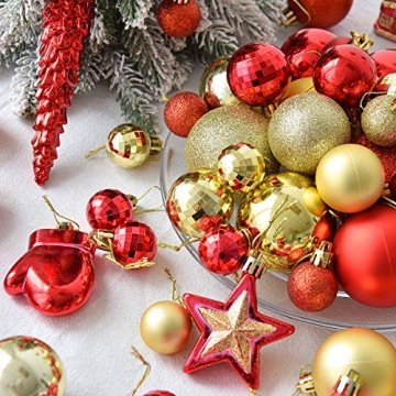 WEYON 113 Stück Christbaumkugeln Set Weihnachtskugeln aus Kunststoff Golden & Rot Baumschmuck Weihnachtsbaum Deko & Christbaumschmuck in unterschiedlichen Größen und Designs - 3