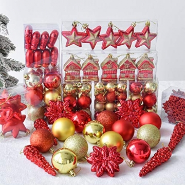 WEYON 113 Stück Christbaumkugeln Set Weihnachtskugeln aus Kunststoff Golden & Rot Baumschmuck Weihnachtsbaum Deko & Christbaumschmuck in unterschiedlichen Größen und Designs - 5