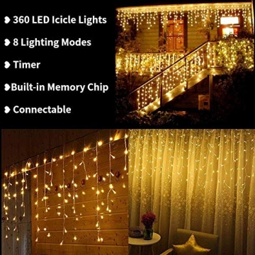 Geemoo Eiszapfen Lichterkette Außen Warmweiß, 360 LED Weihnachtsbeleuchtung Lichtervorhang Eisregen Lichterkette Stecker mit Fernbedienung, 8 Modi Dimmbar für Innen und Außen Deko - 2