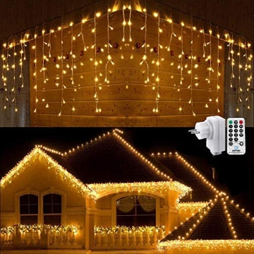 Geemoo Eiszapfen Lichterkette Außen Warmweiß, 360 LED Weihnachtsbeleuchtung Lichtervorhang Eisregen Lichterkette Stecker mit Fernbedienung, 8 Modi Dimmbar für Innen und Außen Deko - 1