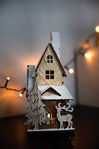 HEITMANN DECO dekoratives Holzhaus mit LED-Beleuchtung - naturbelassenes Holz mit beschneitem Dach - Weihnachtsdeko - 6