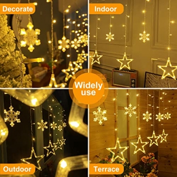 OBOVO LED Sterne Lichterkette mit Schneeflocke,138 LED Erweiterbar Lichtervorhang Lichterkette mit Fernbedienung und Timer,8 Modi Warmweiß Weihnachtsbeleuchtung für Innen Außen Zimmer Weihnachten Deko - 5