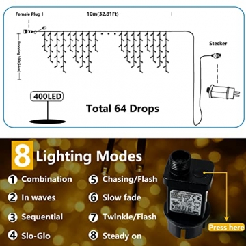 Weihnachtsbeleuchtung Außen - 10M 400 LED Eisregen Lichterkette Weihnachtsdeko mit IP44 wasserdicht & 8Modi, Lichtervorhang Aussen Innen Warmweiß - 5