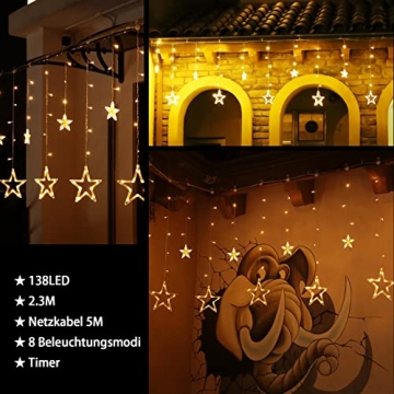 12 Sterne LED Lichterkette, Lichtervorhang weihnachtslichter Sternenvorhang 138 LEDs 8 Modi Für Innen Außen, Weihnachten, Party, Deko, Hochzeit, Garten, Balkon - 2
