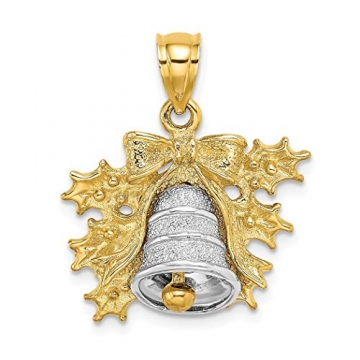 14 Karat zweifarbiges Gold 3D Weihnachtsglocke und Stechpalme strukturierter Charm-Anhänger Halskette Schmuck Geschenke für Frauen - 1