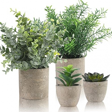 Alagirls 4 Stück Künstliche Pflanzen, Mini Kunstpflanze Eukalyptus Rosmarin Sukkulenten mit Topf Schreibtisch Küche Badezimmer Garten Deko - 1